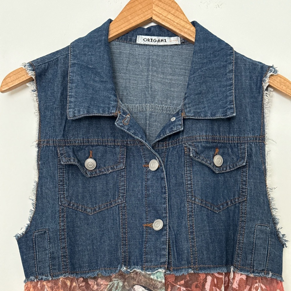 Origami Lace Patchwork Denim Vest Dress – Western Boho, small/medium